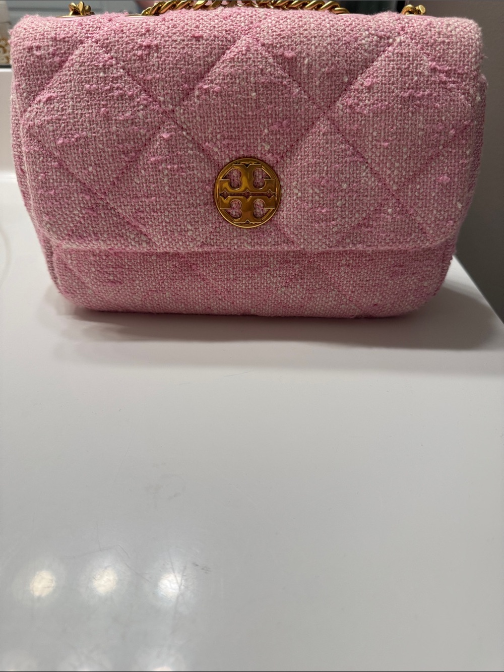 Tory Burch Pink Quilted Tweed Shoulder Bag with Gold Logo